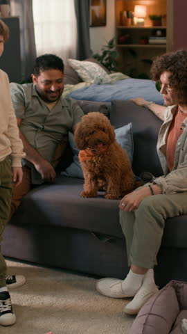 Vertical view of boy holding kibble above dogs head asking her to take beg position and then to give him her paw, pet succeeding and getting treats while they practicing tricks and parents watching