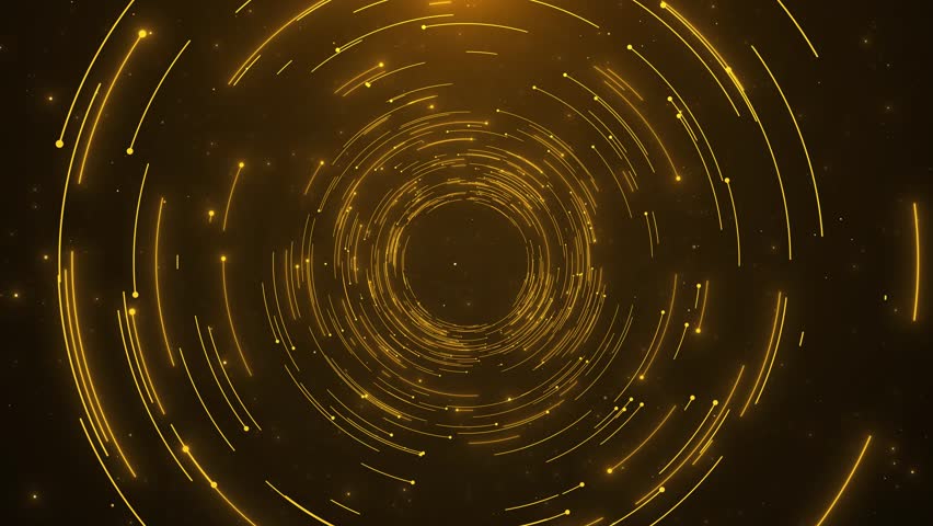 Beautiful luxury golden particles glitter spiral rotation. flying through tunnel sparkling stardust flowing. magical shimmering galaxy floor award ceremony event. licker light beam ray particles
