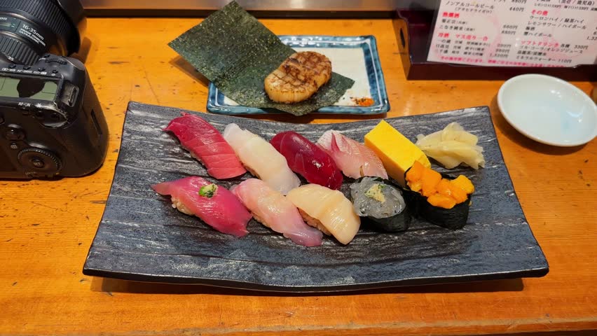Kyoto, Japan - April 17 2023: Delicious Japanese sushi assortment, including tuna, scallops, and uni, served on a rustic plate. A camera is visible in the background.