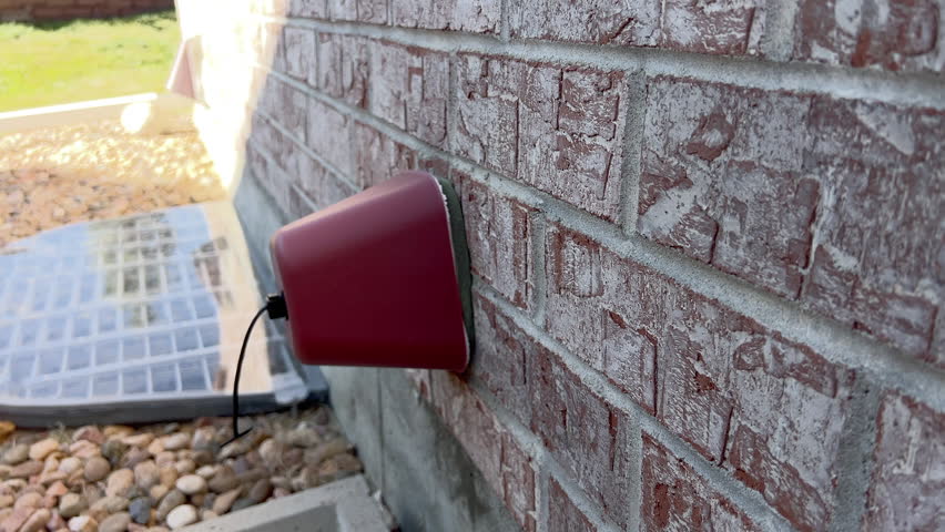 The footage captures a fixed red vent attached to the brick exterior wall of a house with a plastic window well cover nearby. Sunlight highlights the textures of the gravel and building materials.