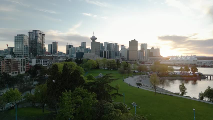 Aerial view of skyscrapers in downtown Vancouver, Canada, highlighting modern architecture, urban landscape, and city skyline.