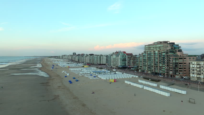 Aerial Reveal Knokke City Boulevard and Seaside Apartments Buildings