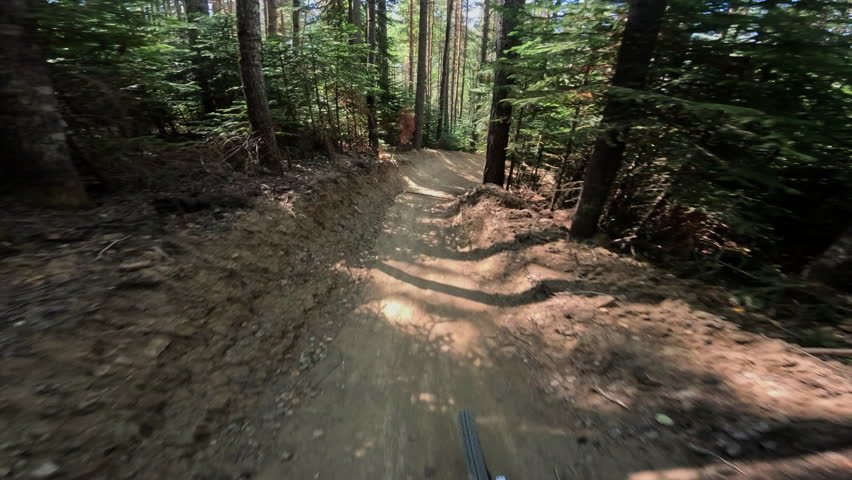 Mountain biker navigating a winding dirt trail through lush forest scenery with dynamic motion