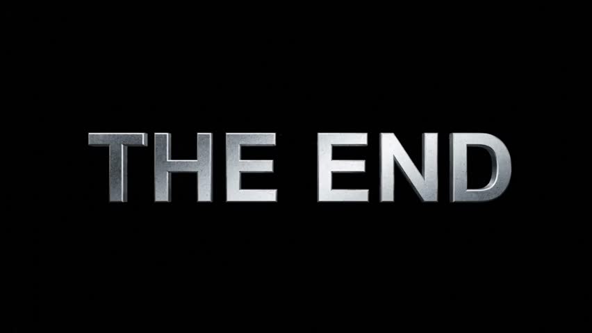 Animated THE END text with a metallic 3D look and glitch effect that flickers and distorts on a black screen, serving as a powerful movie or video closing title.
