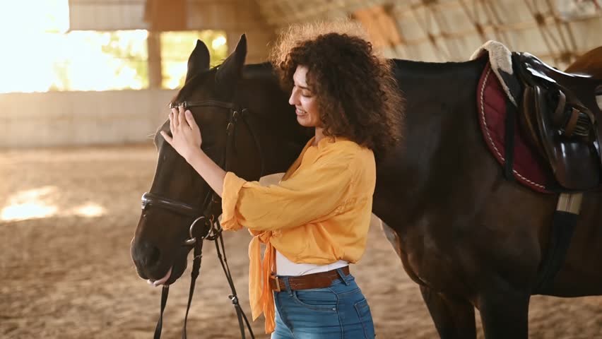 Taking care of animal. Beautiful young woman is with horse in hangar