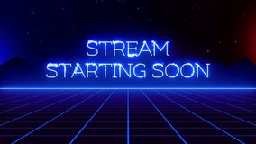 Stylish retro-inspired “Stream Starting Soon” animation featuring glowing electric blue neon text and a synthwave aesthetic. Perfect for live stream intros, gaming channels, music broadcasts, or creat - Powered by Shutterstock - Get 15% off with code: PIKWIZARD15