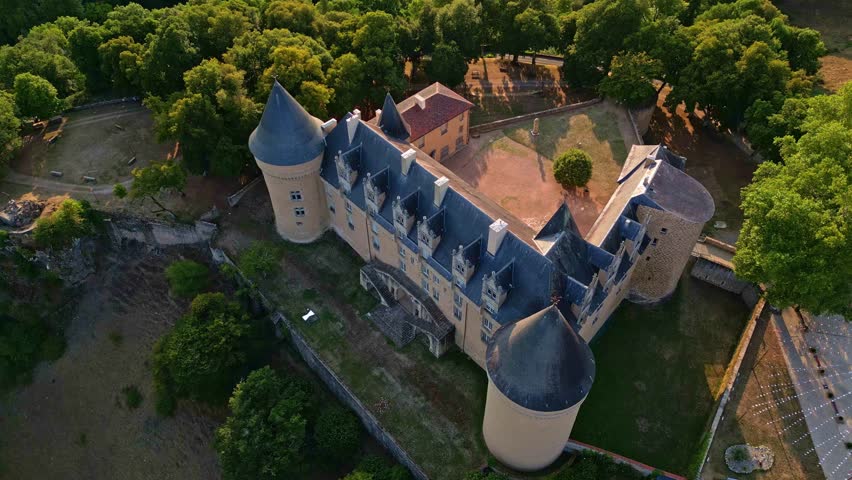 Departmental Museum of Contemporary Art, Château de Rochechouart, castle, Haute-Vienne, France. Aerial top-down view