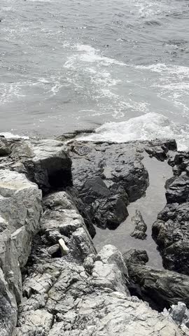 Rocky Cliffs Ocean Sea Waves Breaking Rocks Grey Storm Foam Mist Spray Mount Desert Thunder Hole Acadia National Park Maine USA