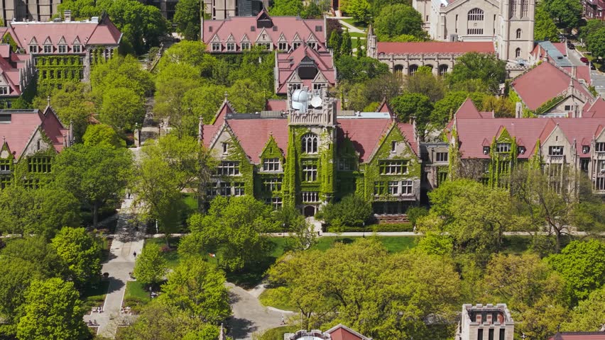 University of Chicago Campus, Drone Shot of Hall Building With Climbing Plants on Walls