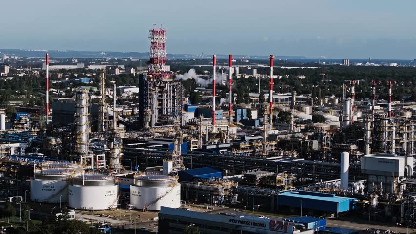 Cinematic aerial of oil refinery, global trade war, energy crisis and resources