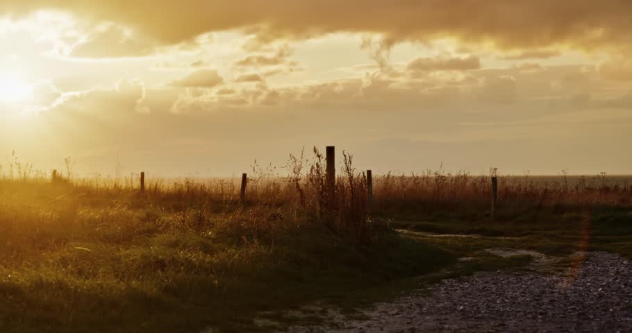 This image depicts a rural landscape at sunset, featuring a dirt path leading through a grassy field enclosed by a simple wooden fence. The sky is filled with golden hues and scattered clouds.