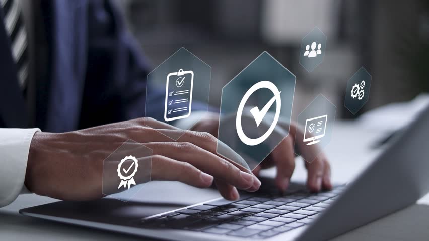 Quality assurance concept. ISO certification and standardization. certificate, approval, compliance to requirements.