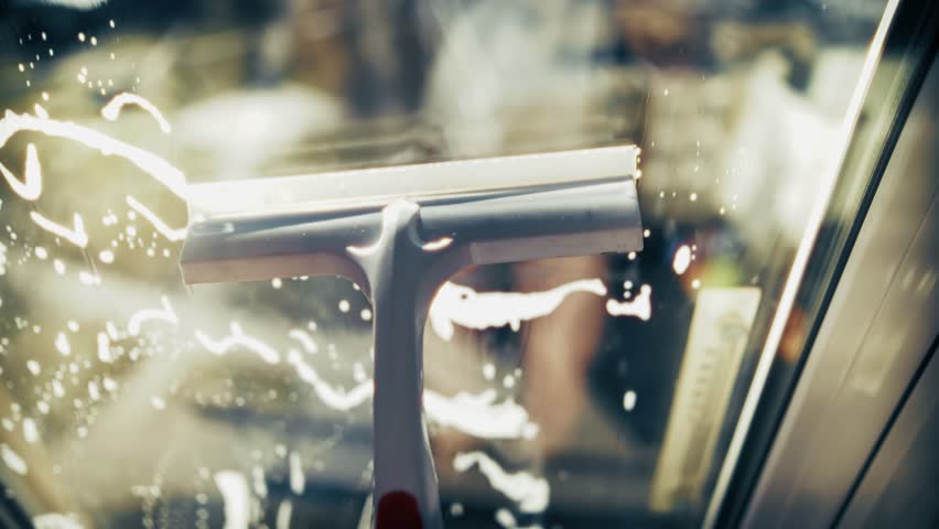 Squeegee Cleaning Glass With Soap Suds. Household Chores And Maintenance. Professional Window Washing Service. Spring Cleaning Activity, Housekeeping Task, Domestic Lifestyle Window Cleaner Tool
