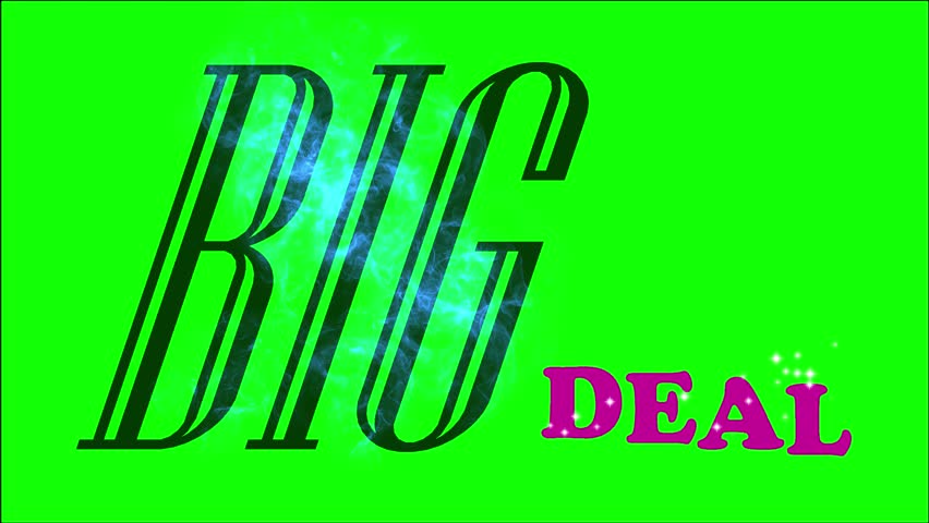 A big deal text animation with a blue smoke effect is displayed on a vibrant green screen background for promo images and marketing materials. Perfect for sales.