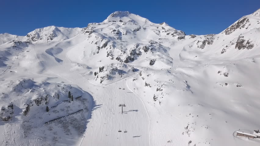 Aerial view of skiers on ski slopes Obertauern, Salzburger Land of Austria.