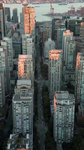 Aerial view on downtown of Vancouver at dusk, Canada