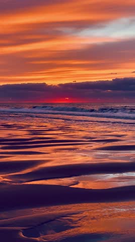 Beautiful sunset over the North sea, splashing waves, flying bird, scenic clouds. Ostend, Belgium. 
