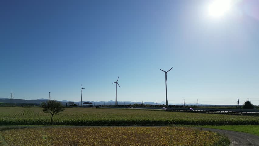 Aerial Drone View of Wind Turbines and Highway near Krems, Austria