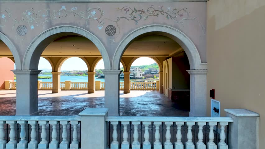 Aerial Lake Las Vegas Arches Waterfront Luxury Tracking Shot. 3D Illustration