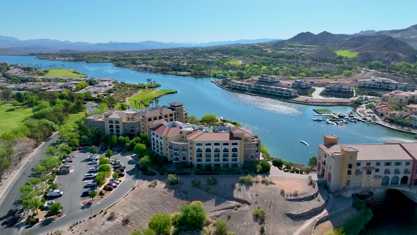 Aerial Lake Las Vegas Bridge Resort Fly Over Tracking Shot. 3D Illustration
