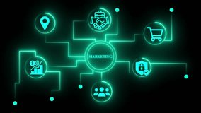 A cyan neon illustration of a marketing network with icons representing location, handshake, shopping cart, lock, group, and graph on a black background - Powered by Shutterstock - Get 15% off with code: PIKWIZARD15