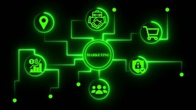 A green neon illustration of a marketing network with icons representing location, handshake, shopping cart, lock, group, and graph on a black background - Powered by Shutterstock - Get 15% off with code: PIKWIZARD15