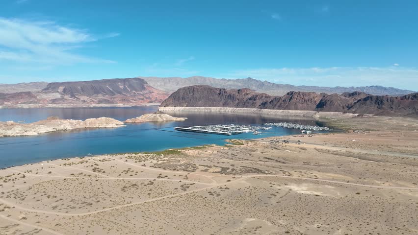 Aerial Flyover Lake Mead Desert Landscape and Marina. 3D Illustration