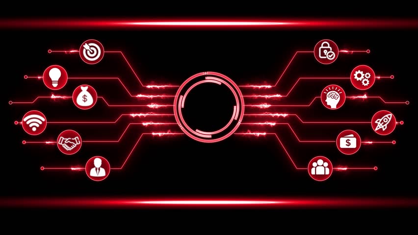Digital marketing PC concept with interconnected icons and glowing red circuit board lines on black background