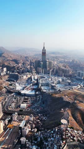 Aerial view Mecca skyline , Makkah city Saudi Arabia -  Makkah Clock Tower and hotels  - Masjid Al Haram 4k drone Video