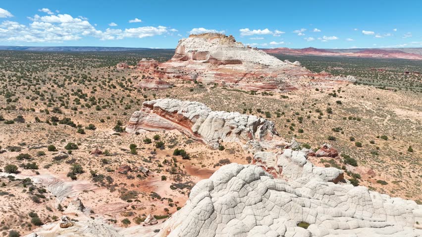 Aerial White Rock Formations and Desert Fly Over Forward Motion. 3D Illustration