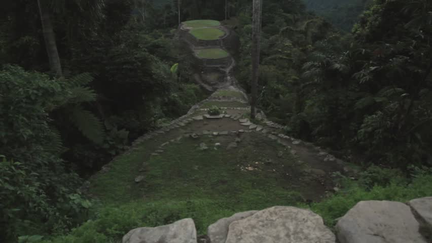 Tilt up wide shot at the ancient Tairona site of Ciudad Perdida, deep in the Sierra Nevada de Santa Marta, Colombia.
