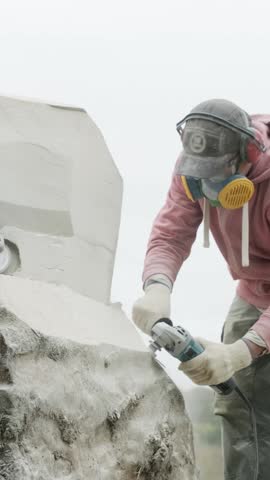 Artists wearing protective gear carve large stone sculptures outdoors using power tools.
