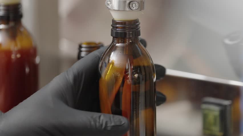 Close-up of gloved hand holding an amber glass bottle during filling process in a sterile lab or production facility, likely for cosmetics or supplements.