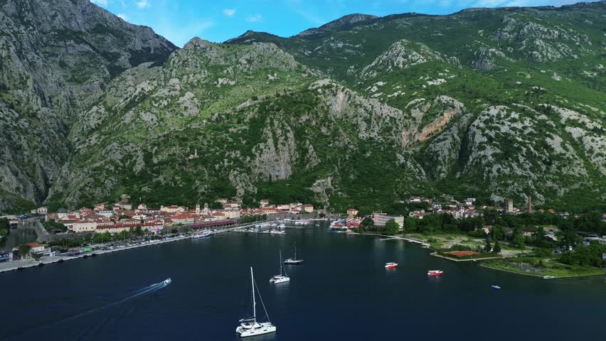 Bay of Kotor surrounded by rocky limestone mountains of the Dinaric Alps, Drone, Panoramic view