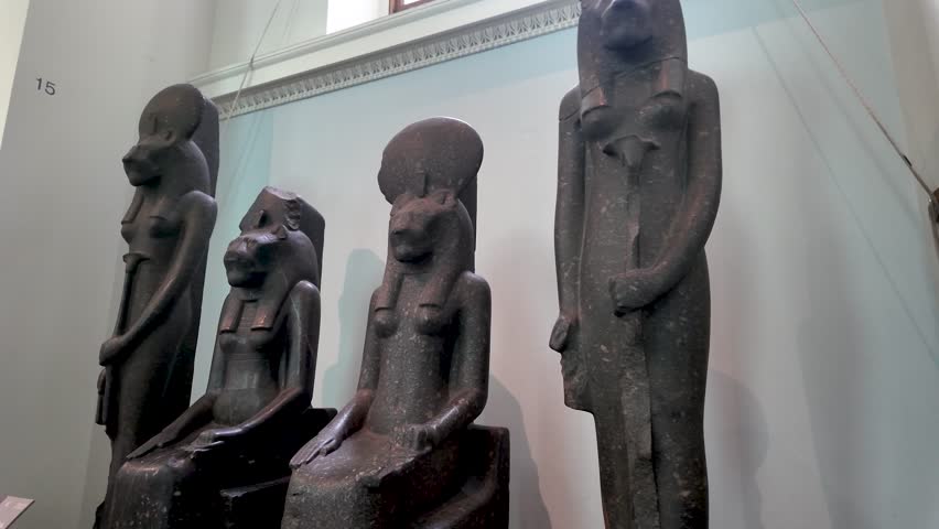 London , United Kingdom (UK) - 09 20 2025: Granodiorite statues of Egyptian goddess Sekhmet with leonine heads on display