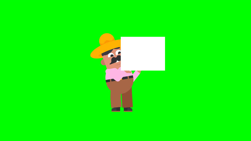 3D animation of Mexican man holding blank sign on green screen, versatile for marketing, business, advertising, and creative digital projects.