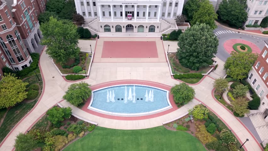 Rising Aerial Shot Of The Lawn And Fountain At McWhorter Hall In Belmont University, Nashville, Tennessee.