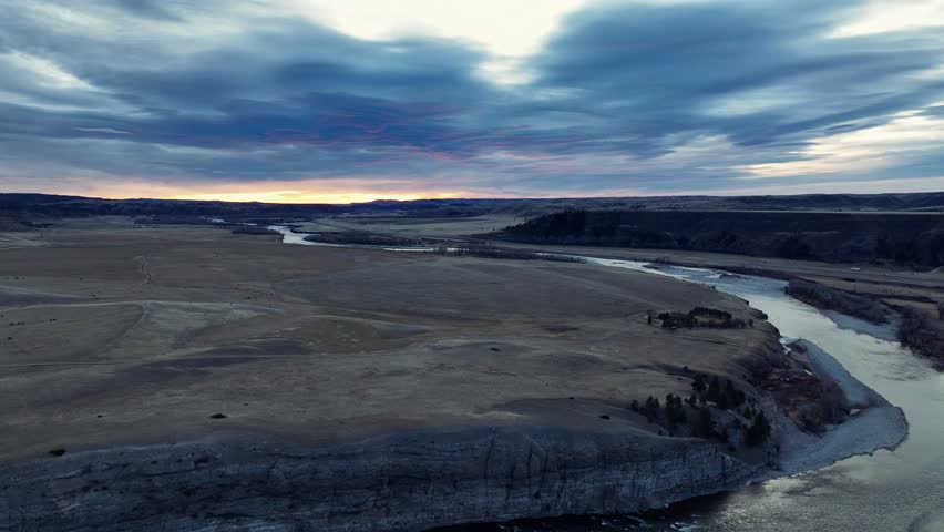 Aerial drone view of rivers, fields, and cows grazing in Montana USA at sunset