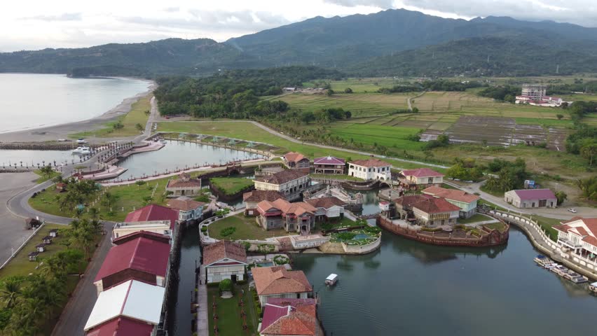 A pull-away drone shot of Las Casas Filipinas De Acuzar in Bataan, Philippines.