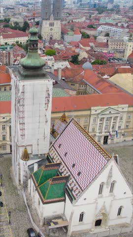 Aerial view of St Mark’s Church and tower in Zagreb Croatia, vertical