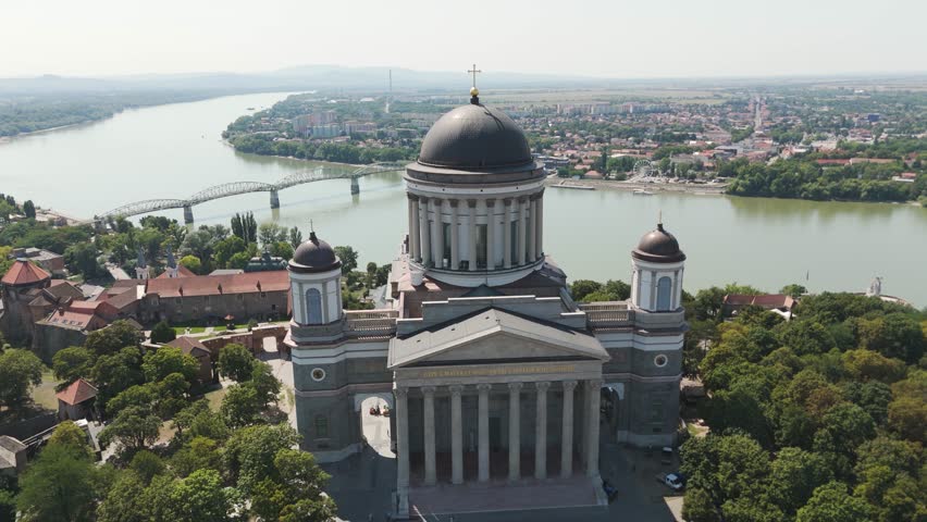 Drone view of Esztergom Basilica with Danube River in Hungary