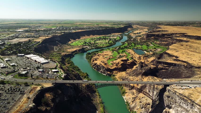Aerial drone view of Snake River Canyon with Perrine Bridge, Twin Falls Idaho USA