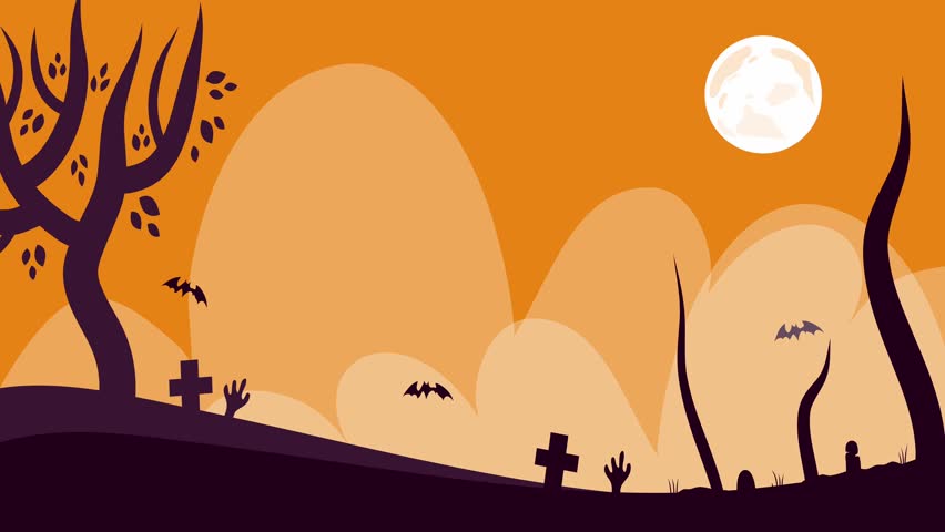 Halloween graveyard silhouette bats orange moon spooky dark hills