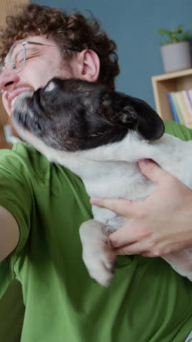Vertical UGC shot of joyful Caucasian man capturing playful moment on video as his French Bulldog affectionately licking his face in cozy home setting