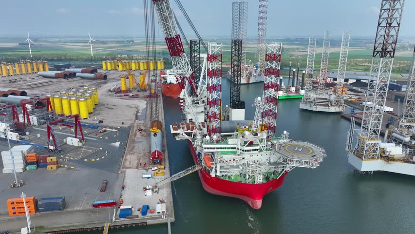 Rotterdam, Netherlands. Drone flight over industrial area with cargo ports, containers and a semi-submersible ship, heavy lifting crane. Machines designed for work at sea