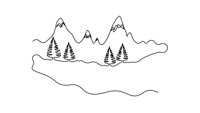 Abstract winter landscape with mountains and fir forest, Self drawing animation one continuous line draw, logo on white background