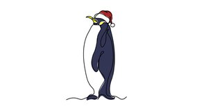 An abstract penguin wearing a Santa Claus hat, Self drawing animation one continuous line draw, logo on white background - Powered by Shutterstock - Get 15% off with code: PIKWIZARD15