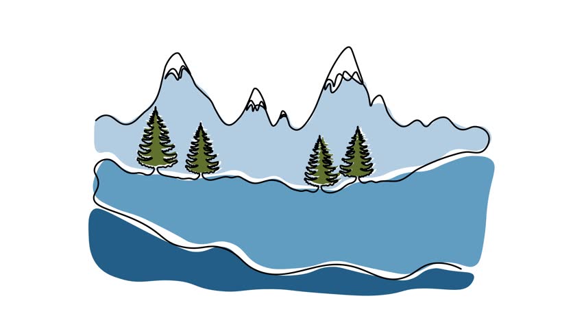 Abstract winter landscape with mountains and fir forest, Self drawing animation one continuous line draw, logo on white background
