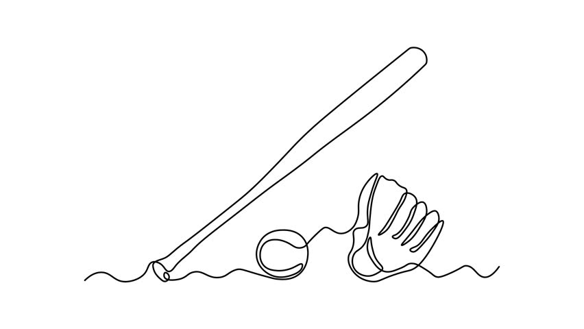 Baseball bat,ball and baseball glove, Self drawing animation one continuous line draw, logo on white background