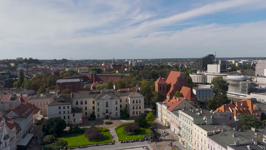 Aerial view of the Old Market Square with its mix of old and new buildings, and the red-roofed church, Bydgoszcz, Kuyavian-Pomeranian Voivodeship, Poland.